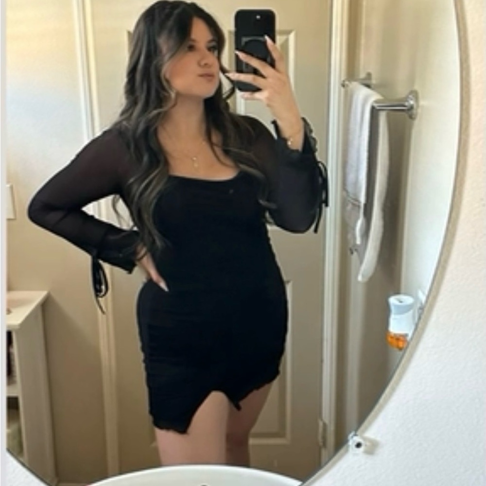 Black Sheer-Sleeve Square-Neck Mini Dress